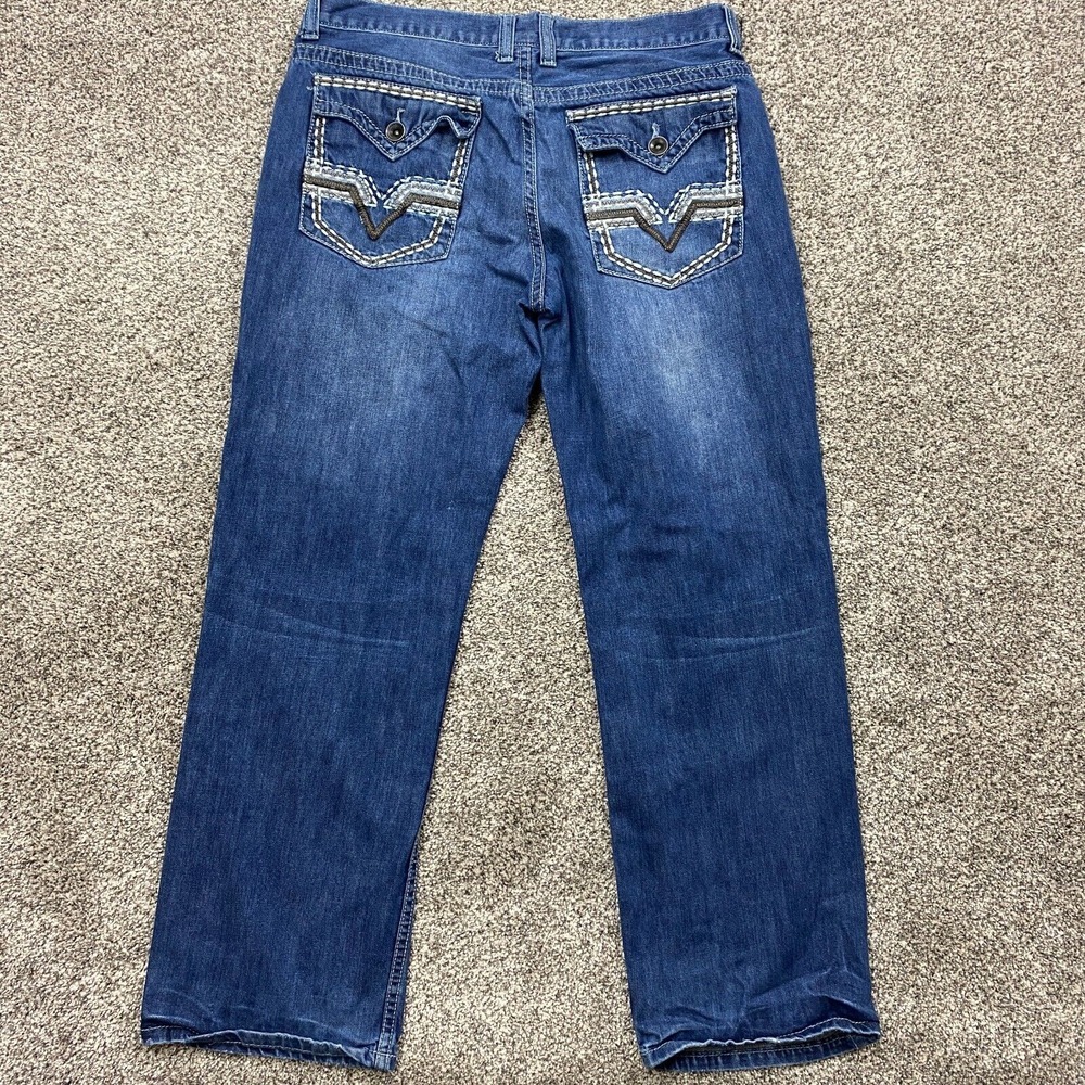 Helix Jeans Mens 35x29.5 Straight Leg Flap Pocket Faded Embroidered Medium Wash‎